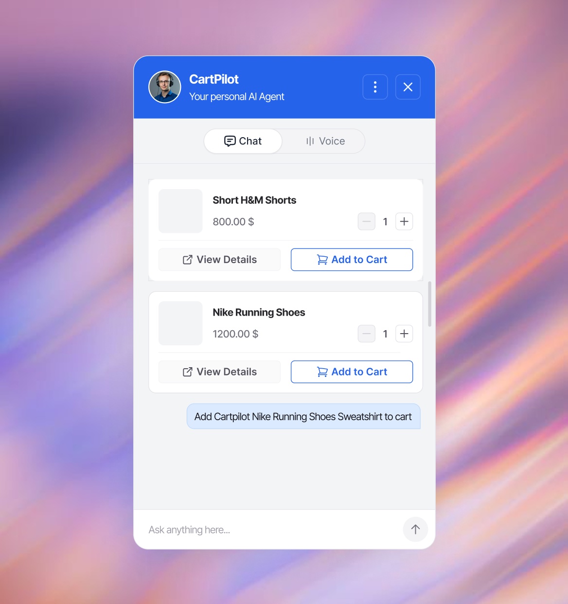 CartPilot chat adding a product variant to the cart