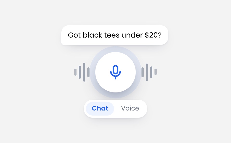 Chat bubble asking for black tees under $20 above a microphone button, with a Chat and Voice switch