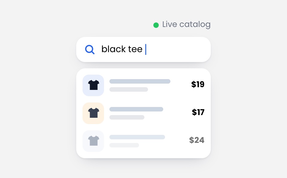Search field typing black tee above three matching products with prices from the live catalog