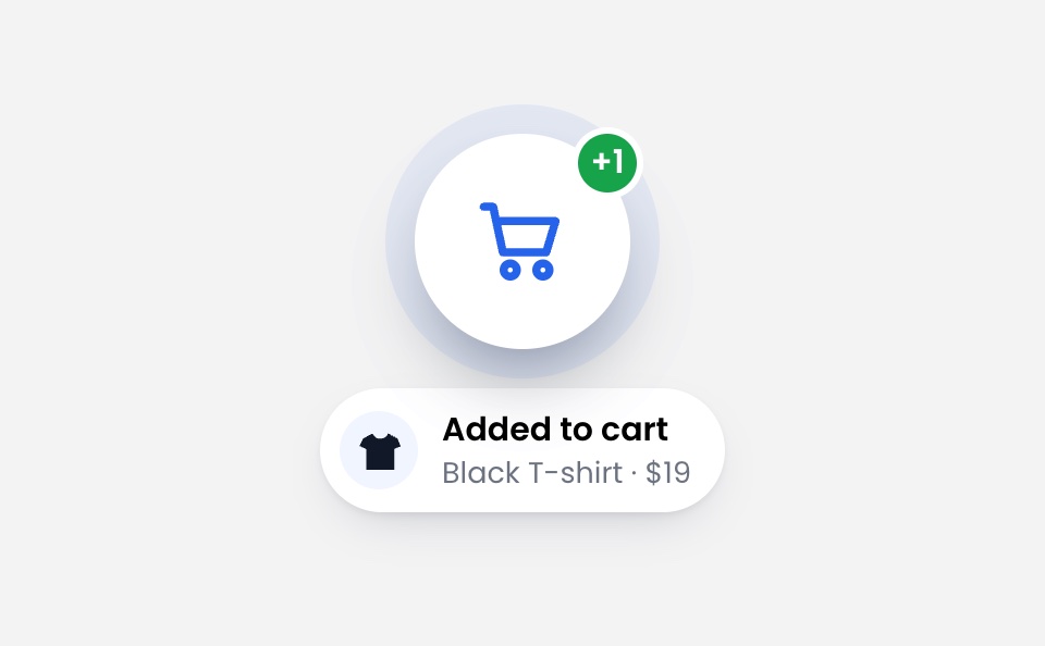 Cart icon with a plus-one badge and an Added to cart confirmation for a black T-shirt