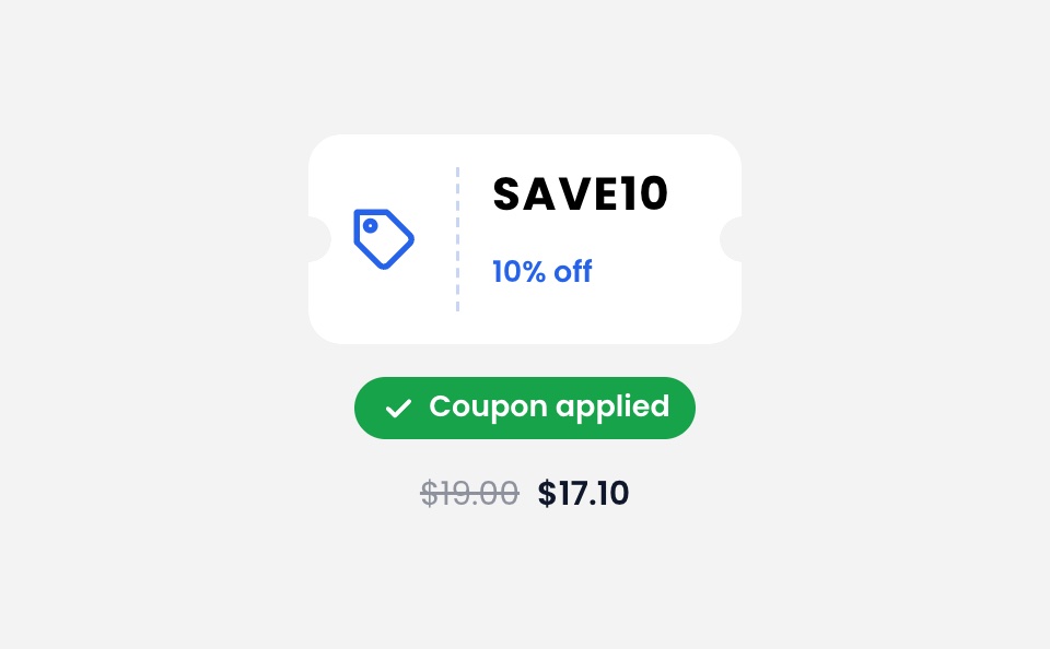 SAVE10 coupon marked as applied, lowering the price from $19.00 to $17.10