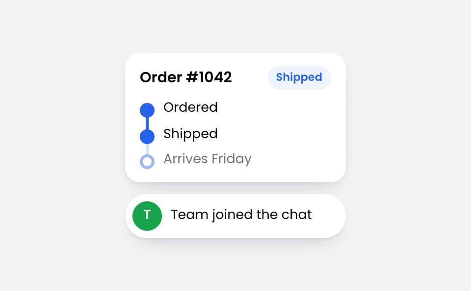 Order 1042 tracking timeline showing ordered, shipped and arriving Friday, with the store team joining the chat